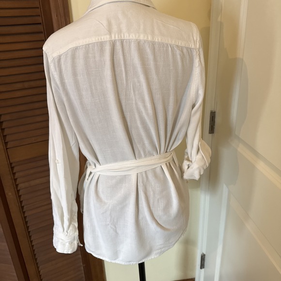 Stradivarius White Linen Blend Roll Tab Sleeve Utility Belted Shirt Size Medium - Picture 4 of 9